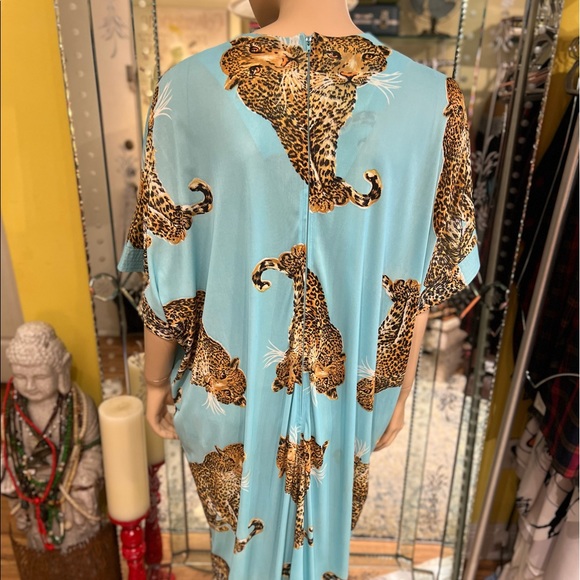 Vintage Animal Print Maxi Dress Kimono Inspired short sleeves size fits all - Picture 3 of 16